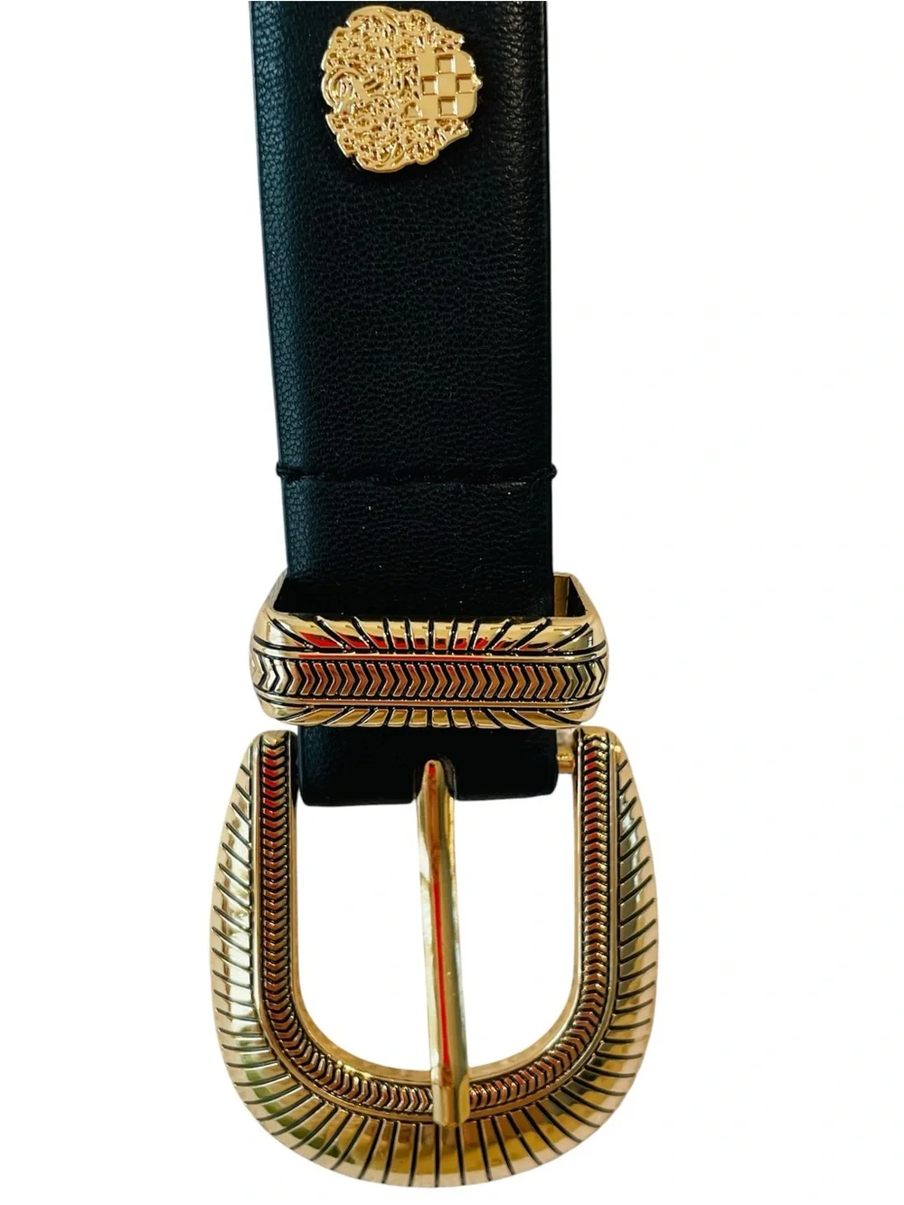 Vince Camuto Black Leather Belt with Textured Gold Buckle